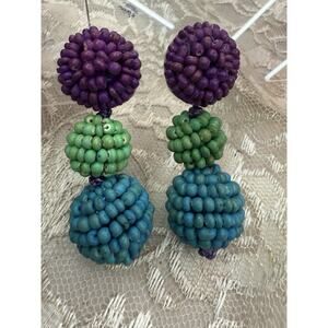 Vintage 80s 3” Wooden Dangle Bright Bold Beads Beadwork Earrings Summer Resort